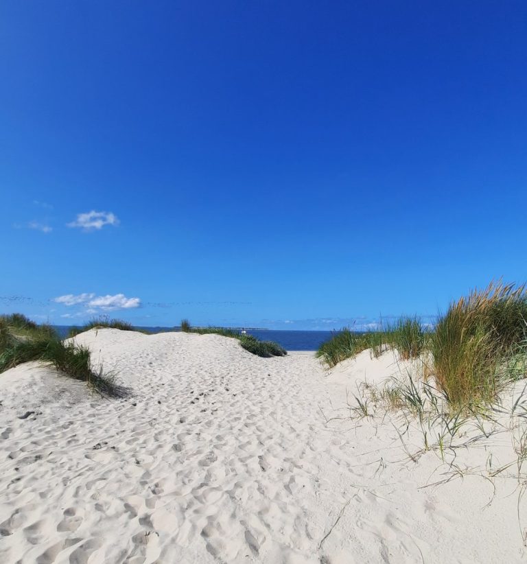 Dünen am Flinthörn mit klarem blauen Himmel und der Accumer Ee im Hintergrund mit Blick auf Baltrum
